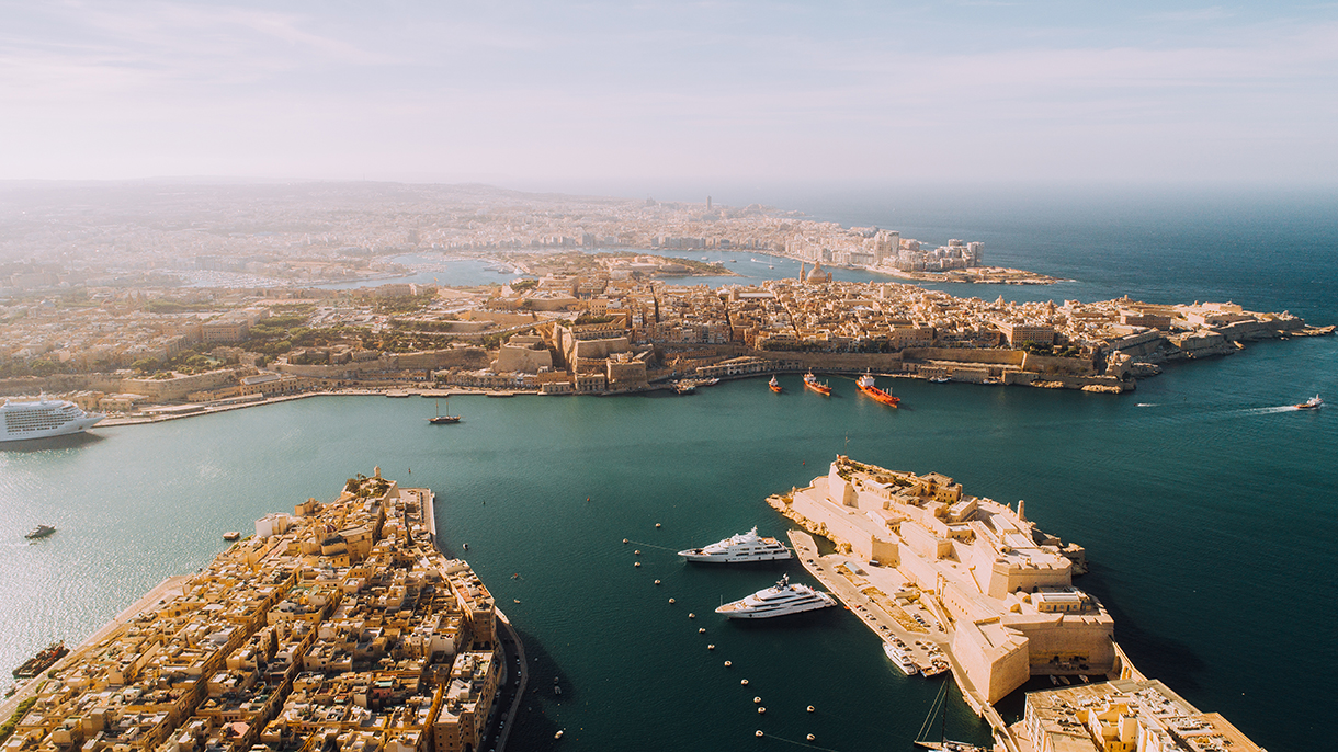 Aerial view of Malta three cities and surrounding bodies of water.